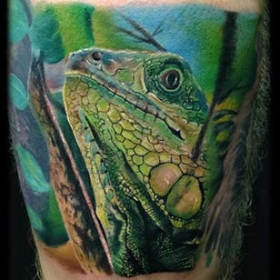 Iguana Tattoo by Dan Lockett #iguana #iguanatattoo #squirt tattoo #squirt tattoos #reptiletatoo #reptiletattoos #reptile #lilies #realistic #realisticiguana #DanLockett