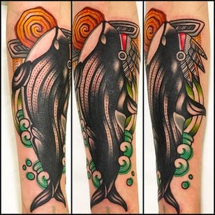 Verdaderamente un tatuaje de orca original hecho por Ginger Jeong.  #gingerjeong #orca #killerwhale #otraditional #color tattoo