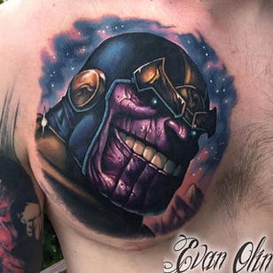Thanos Tattoo por Evan Olin #Thanos #thanostattoos #thanostattoo #marveltattoo #supervillaintattoo #supervillains #comictattoos #EvanOlin