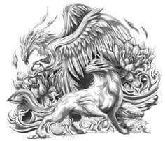Diseño de tatuaje de lobo y fénix
