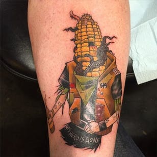 Tatuaje de maíz punk rock de Brian McCormic.  #neotradicional #punkrock #maíz #vegetales #maíz #BrianMcCormic