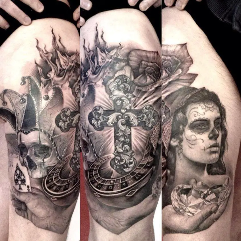 ¡Brillante composición de Matteo Pasqualin!  La combinación de diferentes elementos en los tatuajes cruzados puede crear un diseño maravilloso #cross #crosstattoo #religous #matteopasqualin