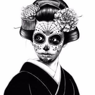 Mezcla de culturas con este arte de Caterina geisha de Shohei Otomo #ShoheiOtomo #art #illustration #japanesebodysuit #JapaneseArt #Japanese #geisha #caterina #artshare