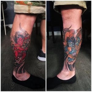 Tatuaje de raijin en la pantorrilla