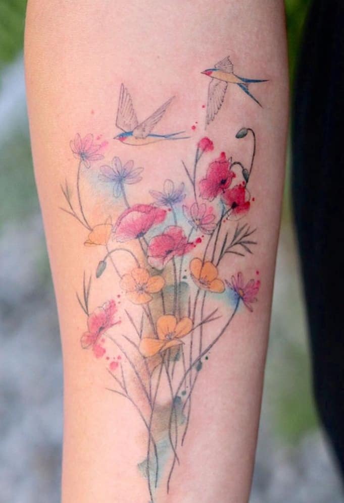 Tatuaje de flores de ramo de acuarela 