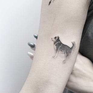 Tatuaje de husky de Lindsay April.  # perro # husky #trabajo de puntos # puntillismo #sutil #LindsayAbril