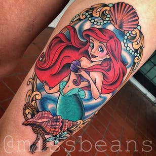 Little Mermaid Tattoo by Jessie Beans #littlemermaid #littlemermaidtattoo #disney #disneytattoo #colorfultattoo #traditional #traditionaltattoo #ball tattoos #bright tattoos #JessieBeans