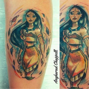 ¡El tatuaje de Pocahonta, en mi pierna!  Por Angharad Chappell #AngharadChappell #Disney #Pocahontas
