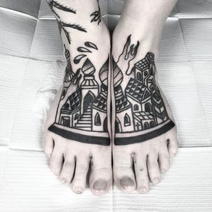 Building tattoo by Russell Winter #blackwork #blackwork tattoo #blackwork tattoos #blackworkartists #blacktattooing #blackink #dunktattoos #darkink #RussellWinter #buildings #building