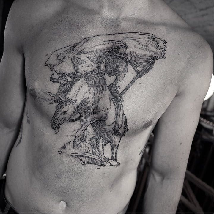 Tatuaje grabado de Robert A. Borbas #RobertABorbas #blackwork #blckwrk #macabert #graving #horse #grimreaper
