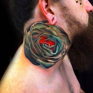 Rose Tattoo on neck by Andrés Acosta @Acostattoo # AndrésAcosta #Acostattoo #Rose #Rosetattoo #Rosetattoos #Austin #necktattoo