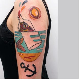 Fish tattoo by Loreprod #Loreprod #surreal #graphic #fish #bottle #anchor #sun