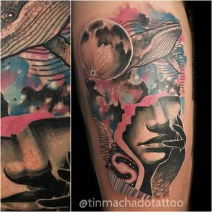 Tatuaje poético de Tin Machado #TinMachado #gráfico # ballena # placa de color #mujer #collage