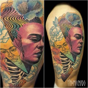 Frida Kahlo tattoo of Tin Machado #TinMachado #graphic #fridakahlo #collage #flowers # skeleton