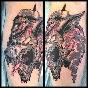 Scary Wolf and Sheep Cowl Tattoo por Michah Harold #wolfinsheepsclothing #wolf #sheep #traditional #MichahHarold