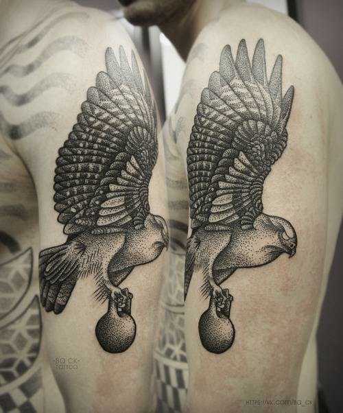 Dotwork tattoo done on Back Tattoo gallery #dotwork #BackTattooGallery #falcon #bird