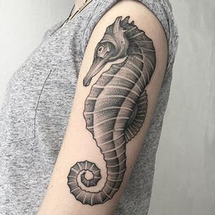 Lindo tatuaje de caballito de mar por Parvick Faramarz #ParvickFaramarz #dotwork #blackwork #seahorse