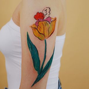 Oil Pastel Tattoo por Gong Greem #GongGreem #oilpastel #painterly #watercolor #color #floral #flower #nature #plant #tulipan #angel #cherub #babyangel