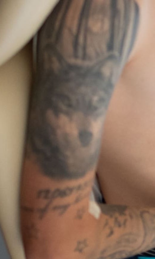 Marius lobo en el tatuaje del brazo