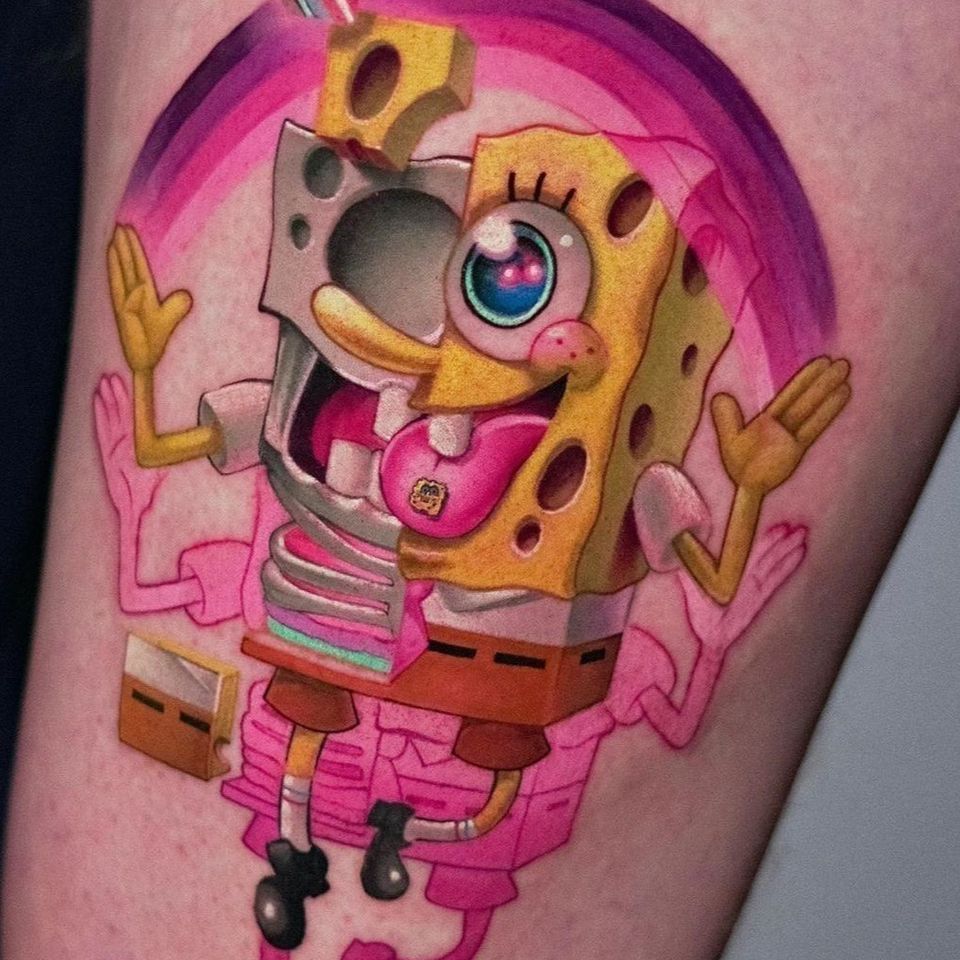 Bob Esponja Square Tattoo por Steven Compton #StevenCompton #spongebob #spongebobsquarepants #cartoon #newschool #lsd #trippy #psychedelic #rainbow #funny