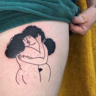 Frances Cannon illustration tattoo on cat aka socialist slut hecho por el tatuador zhanaoliviatattoo #FrancesCannon #zhanaoliviatattoo #illustrative #lovers #kiss #gay #lgbtqia #blackwork