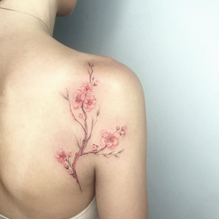 Tatuaje de flor de cerezo por Faith Odabas #FaithOdabas #cherryblossomtattoos #cherryblossom #flowers #floral #nature #plant #cherryblossomtattoo #fineline #illustrative #color #branch #shoulder