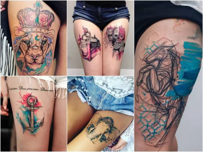 Tatuaje de acuarela para mujer - Tatuajes de pierna de acuarela - Tatuaje de muslo de flor - Tatuaje de muslo para mujer