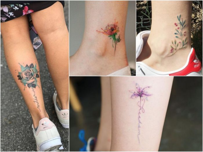 Tatuaje de acuarela para mujer - Tatuajes de acuarela en la pierna - Tatuaje de flor en la pierna