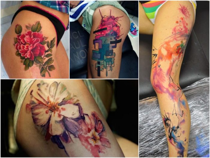 Tatuaje de acuarela para mujer - Tatuajes de pierna de acuarela - Tatuaje de pierna de flor - Tatuaje de flor para mujer