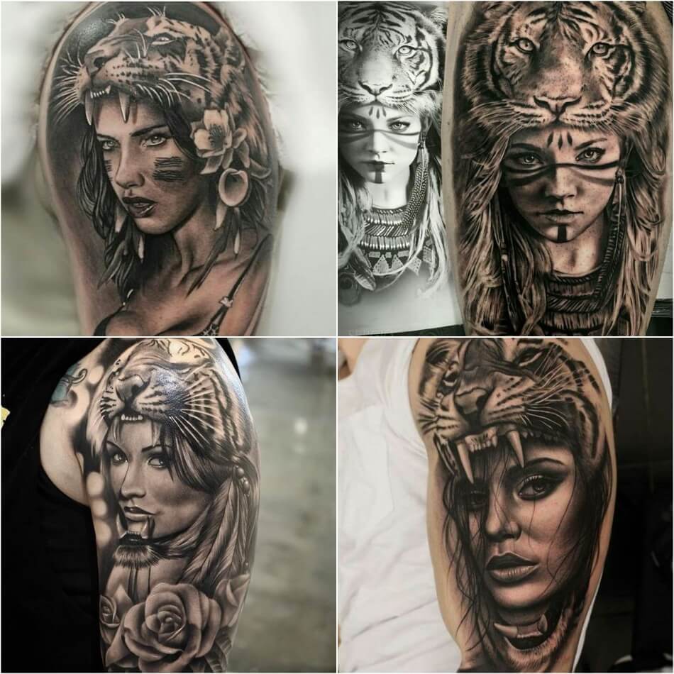 Chica tatuadora - Chica tatuadora en la piel de un tigre 